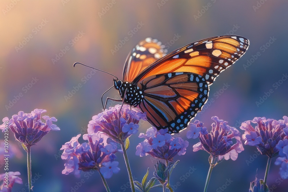 Obraz premium Monarch butterfly perched on vibrant purple flower in soft morning light in a garden setting