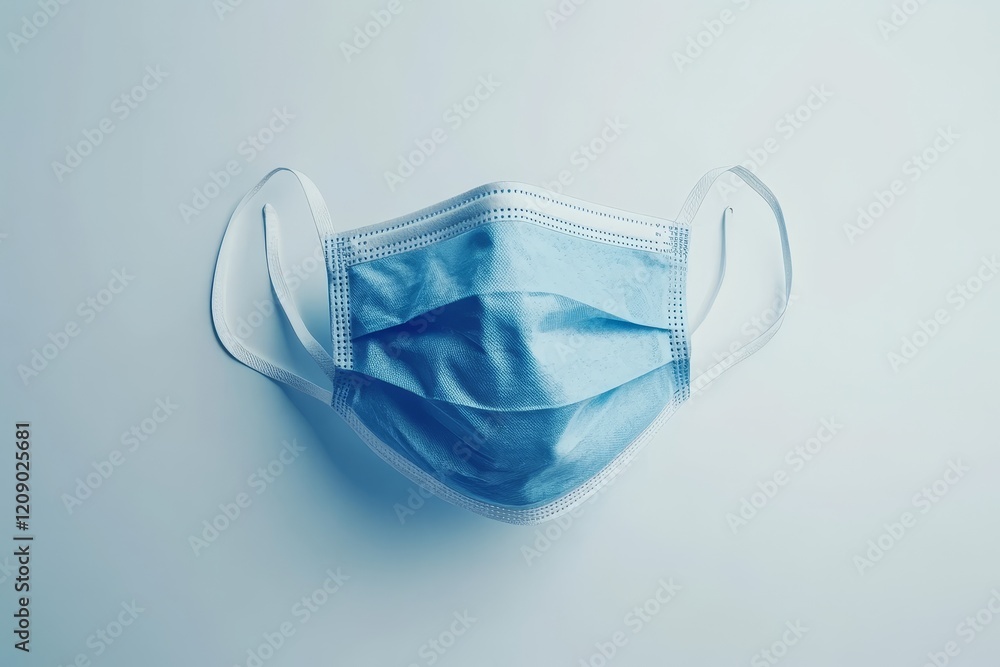 Light blue disposable face mask on a white background. Light blue disposable face mask on a white background.