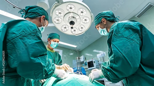 Surgeons performing a critical operation in a modern surgical suite with advanced medical equipment