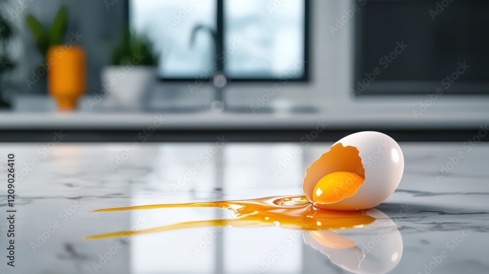 Fototapeta premium A cracked egg revealing its yolk on a marble countertop.