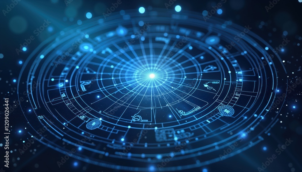 Digital illustration of cosmic sky with zodiac signs, constellations. Astrology theme. Mystical glow, shining stars. Patterned star map. Celestial design. Blue, gold colors. Night sky background. Digital illustration of cosmic sky with zodiac signs, constellations. Astrology theme. Mystical glow, shining stars. Patterned star map. Celestial design. Blue, gold colors. Night sky background.
