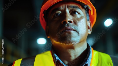 Male factory worker in safety helmet and reflective gear looking determined in an industrial environment with focused lighting. photo