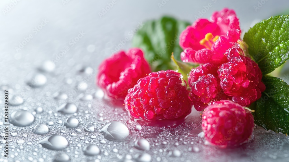 Vibrant raspberry flowers with droplets on a sleek silver background highlighting their lush pink color and green leaves for a fresh summer aesthetic Vibrant raspberry flowers with droplets on a sleek silver background highlighting their lush pink color and green leaves for a fresh summer aesthetic