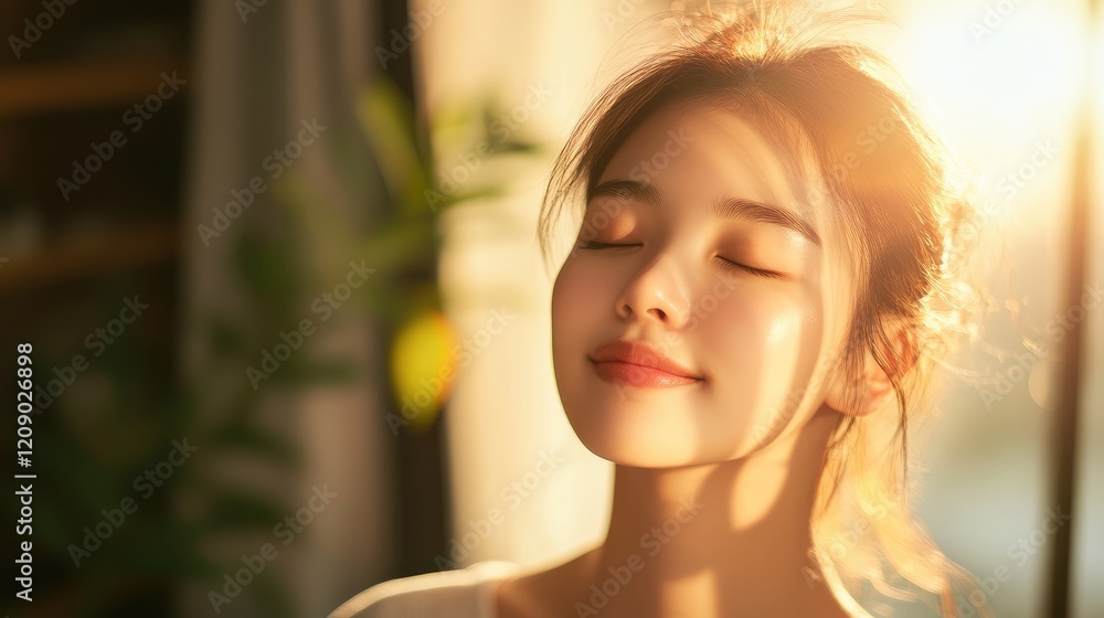 Serene Young Woman Embracing a Peaceful Moment with Sunlight Illuminating Her Face