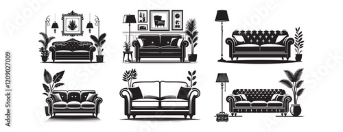 Stylish Living Room Sofa Silhouette Vector Set with Decor, Couch Silhouette