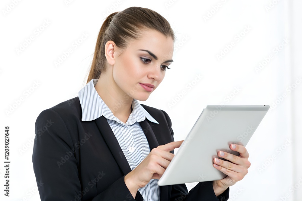 Young businesswoman working on a tablet, isolated on white background Young businesswoman working on a tablet, isolated on white background