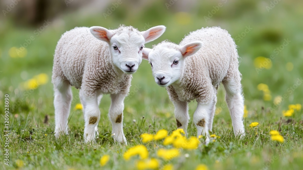 Two adorable radio-collared lambs grazing in vibrant green pasture surrounded by blooming yellow flowers on a sunny day Two adorable radio-collared lambs grazing in vibrant green pasture surrounded by blooming yellow flowers on a sunny day
