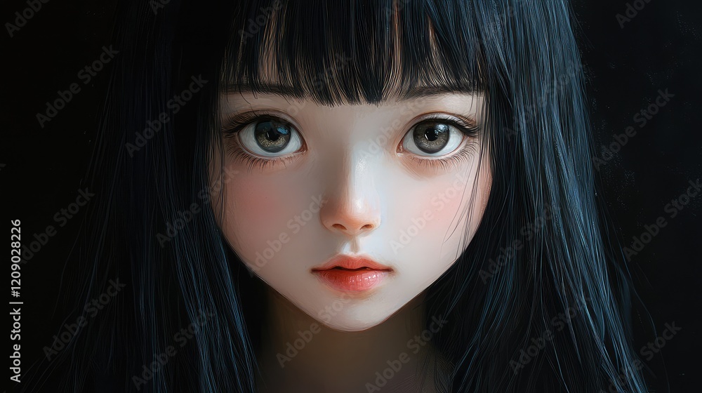 Close-up portrait of a young individual with large eyes and straight black hair, centered against a dark background. Natural lighting highlights features. Close-up portrait of a young individual with large eyes and straight black hair, centered against a dark background. Natural lighting highlights features.