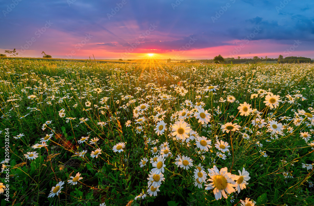 Fototapeta premium Beautiful summer sunrise over wild daisy flowers meadow