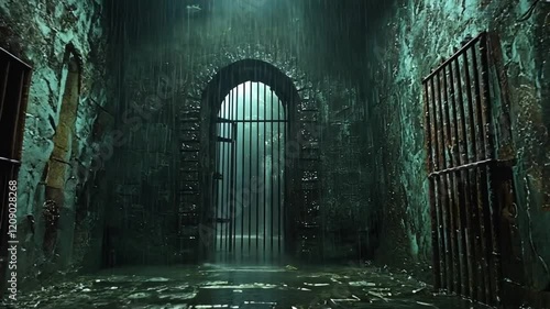 A dimly lit, abandoned dungeon with barred doors and water pooling on the stone floor.