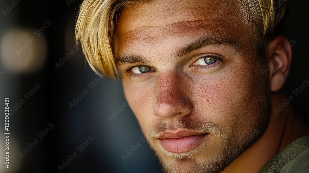 Close-up portrait of a young blonde male with light blue eyes, showcasing natural lighting and a blurred background. Close-up portrait of a young blonde male with light blue eyes, showcasing natural lighting and a blurred background.