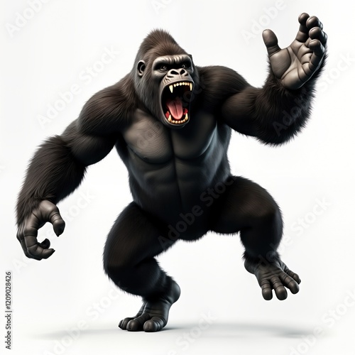 Powerful gorilla stands isolated against white background. Angry expression. Huge primate ready for action. Wild animal illustration. Studio shot. Great for wild animal themes adventurous design. photo