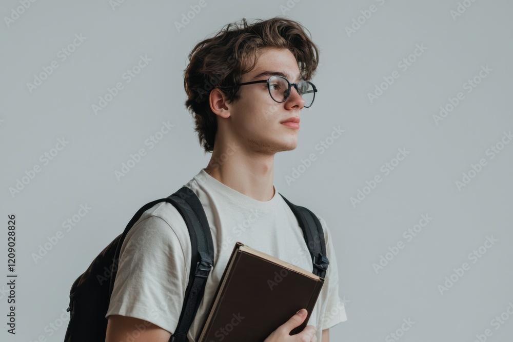 High school student holding a book and looking forward confidently on light gray background High school student holding a book and looking forward confidently on light gray background