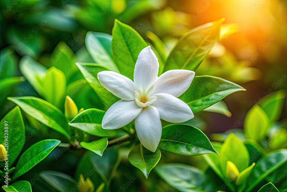 Obraz premium Serene Jasmine Bloom: Close-Up Portrait Photography of Pure White Petals & Vibrant Green Leaves