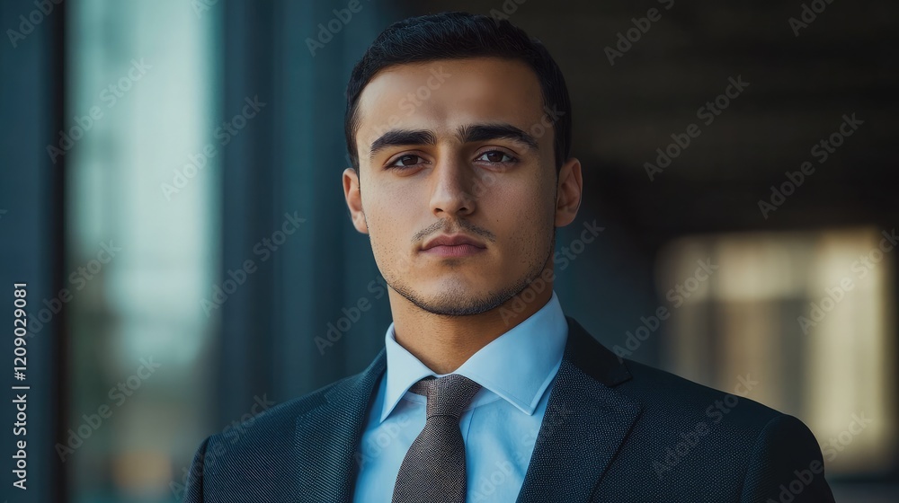 Confident young Arabic businessman in formal suit and tie with soft natural light against modern urban background in shades of blue and gray Confident young Arabic businessman in formal suit and tie with soft natural light against modern urban background in shades of blue and gray