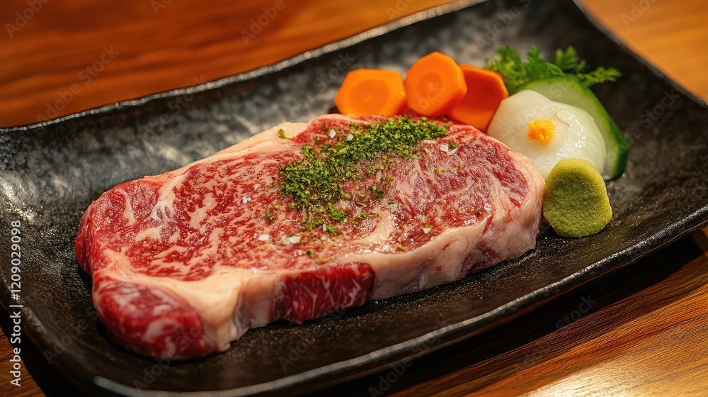 Fresh marbled beef steak garnished with herbs on a black plate, surrounded by vibrant steamed carrots, radish, and green herbs on a wooden table setting. Fresh marbled beef steak garnished with herbs on a black plate, surrounded by vibrant steamed carrots, radish, and green herbs on a wooden table setting.