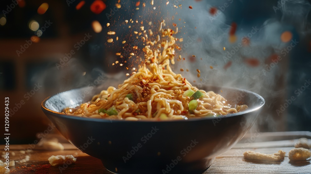 Steaming bowl of ramen noodles with chili sauce and toppings on rustic wooden table, vibrant colors, culinary photography, dynamic food scene. Steaming bowl of ramen noodles with chili sauce and toppings on rustic wooden table, vibrant colors, culinary photography, dynamic food scene.