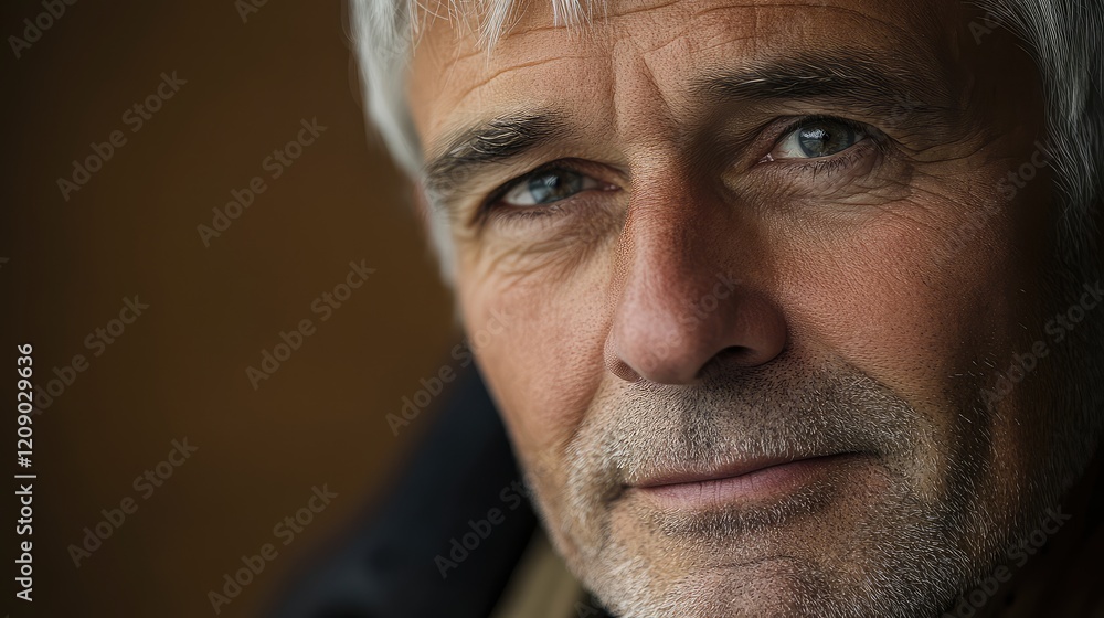 Close-up Portrait of Mature Caucasian Male with Grey Hair and Wrinkles Gazing at Camera, Warm Tones and Natural Light, Indoor Setting Close-up Portrait of Mature Caucasian Male with Grey Hair and Wrinkles Gazing at Camera, Warm Tones and Natural Light, Indoor Setting