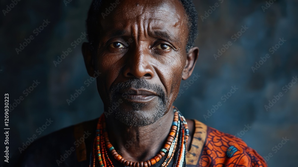 Close-up portrait of an African man with traditional beads and necklace wearing an orange patterned attire against a dark textured background. Close-up portrait of an African man with traditional beads and necklace wearing an orange patterned attire against a dark textured background.