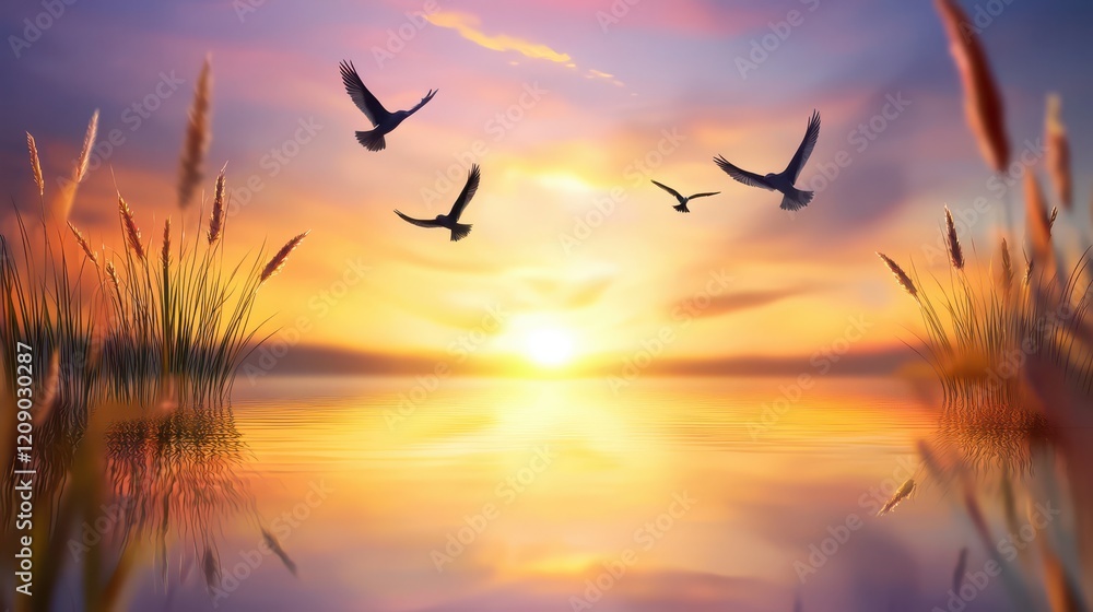 Fototapeta premium A flock of birds soaring through the sky during a beautiful sunset, creating a peaceful scene.