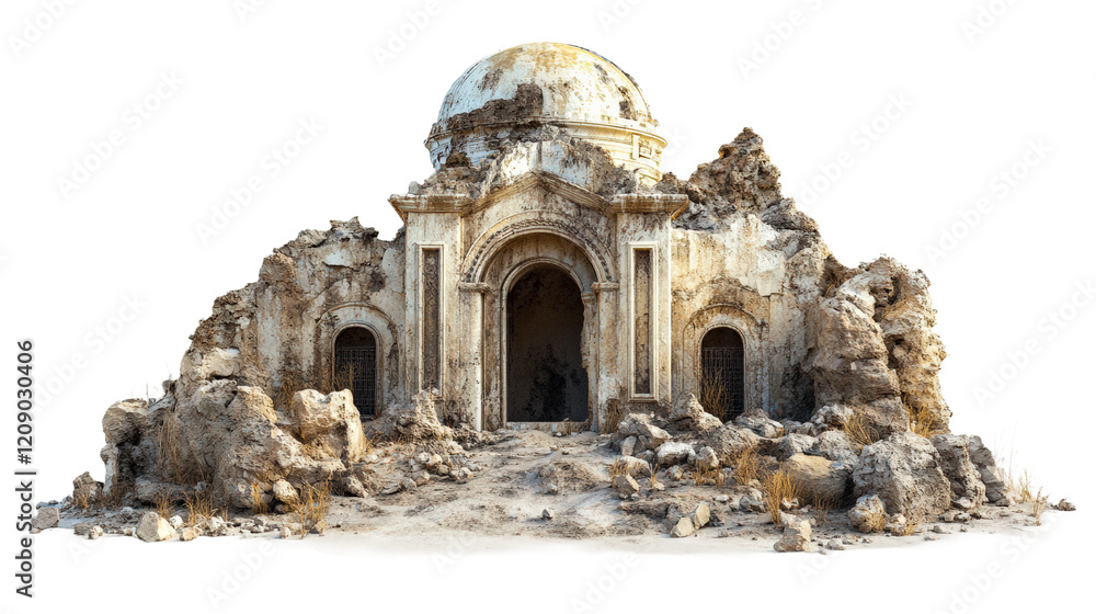 Ancient ruins with a dome structure surrounded by rubble and dirt in an arid environment isolated on transparent background Ancient ruins with a dome structure surrounded by rubble and dirt in an arid environment isolated on transparent background
