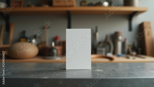 Wallpaper Mural Vertical Business Card Mockup, Card on bench in workshop photorealistic Torontodigital.ca