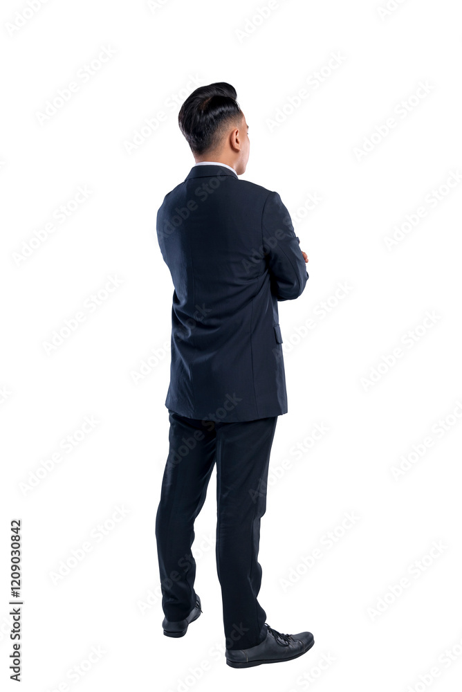 Portrait rear view of Asian businessman standing with confidence isolated over white background. Concept of business, entrepreneur, and successful Portrait rear view of Asian businessman standing with confidence isolated over white background. Concept of business, entrepreneur, and successful