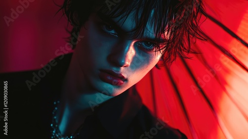 Young punk with pale skin expression in black attire and silver chain under red nightclub lights with a fan backdrop in shadowy ambiance. photo