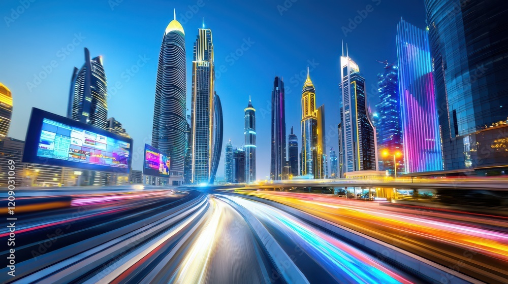 Fototapeta premium A futuristic cityscape featuring tall skyscrapers with digital screens and lights illuminating the streets.