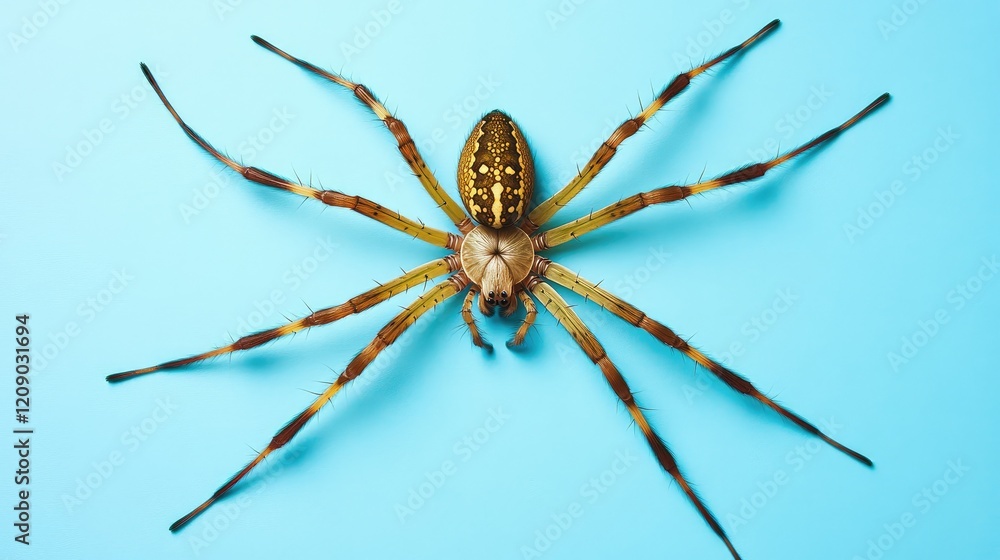 Macro shot of a large sac spider on a bright blue background showcasing intricate details of its distinctive features and coloration Macro shot of a large sac spider on a bright blue background showcasing intricate details of its distinctive features and coloration