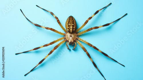 Macro shot of a large sac spider on a bright blue background showcasing intricate details of its distinctive features and coloration photo