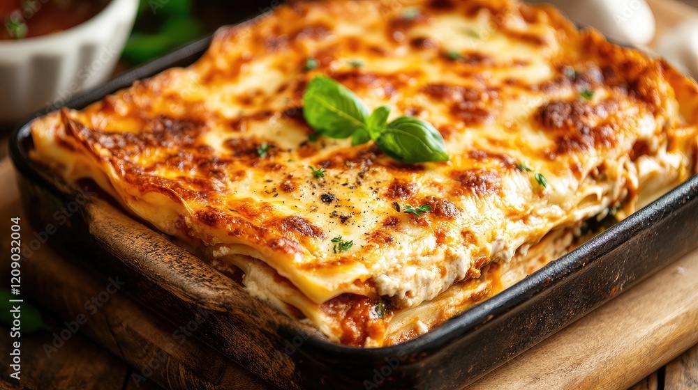 Delicious homemade lasagna served in a rustic dish with fresh herbs and a golden crisp top ready for a satisfying meal Delicious homemade lasagna served in a rustic dish with fresh herbs and a golden crisp top ready for a satisfying meal