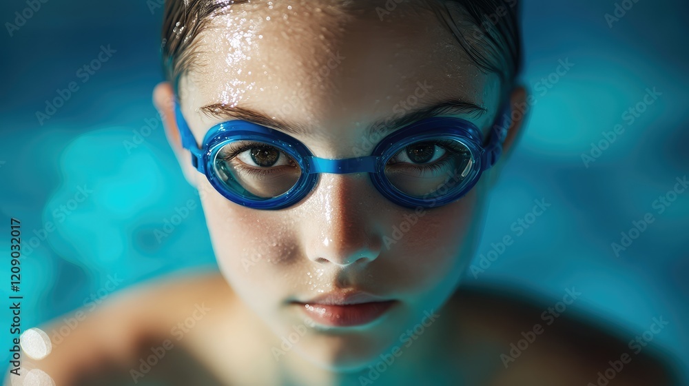 Young female swimmer with blue goggles against a shimmering turquoise pool background highlighting determination and focus in an indoor aquatic setting. Young female swimmer with blue goggles against a shimmering turquoise pool background highlighting determination and focus in an indoor aquatic setting.