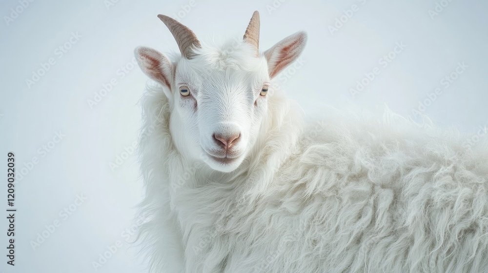 White adult silk goat with unique features and fluffy coat isolated on light background showcasing its gentle expression and characteristics. White adult silk goat with unique features and fluffy coat isolated on light background showcasing its gentle expression and characteristics.