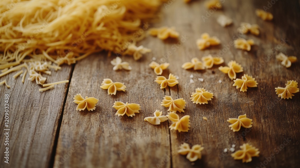 Raw spaghetti and farfalle pasta scattered on a rustic wooden table background with a textured surface and natural lighting Raw spaghetti and farfalle pasta scattered on a rustic wooden table background with a textured surface and natural lighting