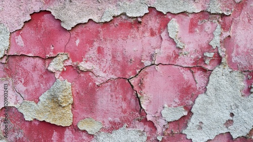 Vintage red abstract cement wall texture with peeling paint and cracks for artistic and design backgrounds. photo