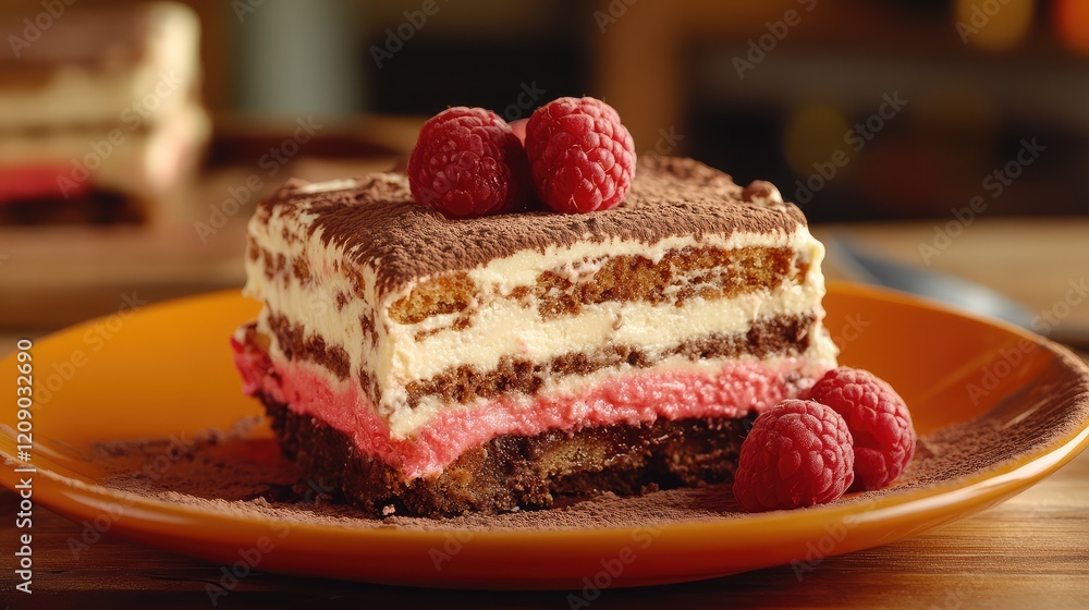 Delicious Raspberry Tiramisu Slice on Vibrant Orange Plate with Fresh Raspberries and Cocoa Dusting in Cozy Kitchen Setting Delicious Raspberry Tiramisu Slice on Vibrant Orange Plate with Fresh Raspberries and Cocoa Dusting in Cozy Kitchen Setting