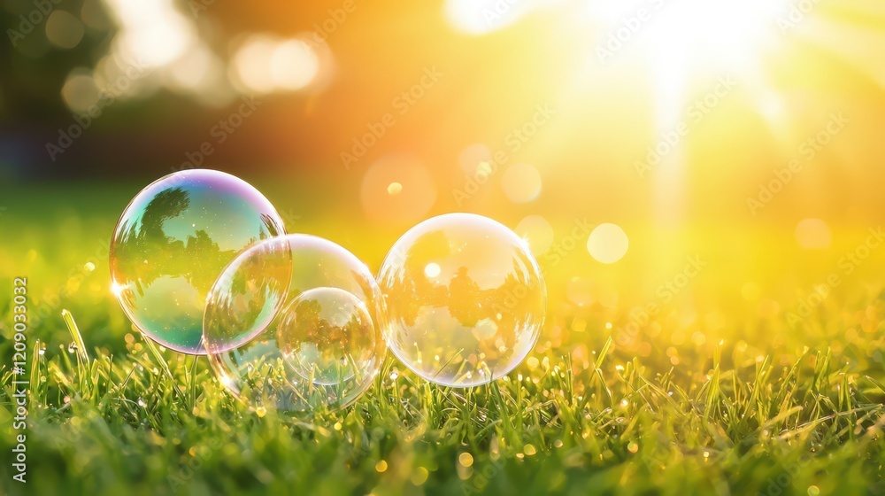 A group of bubbles caught in the sunlight, reflecting a rainbow of colors on a grassy meadow. A group of bubbles caught in the sunlight, reflecting a rainbow of colors on a grassy meadow.