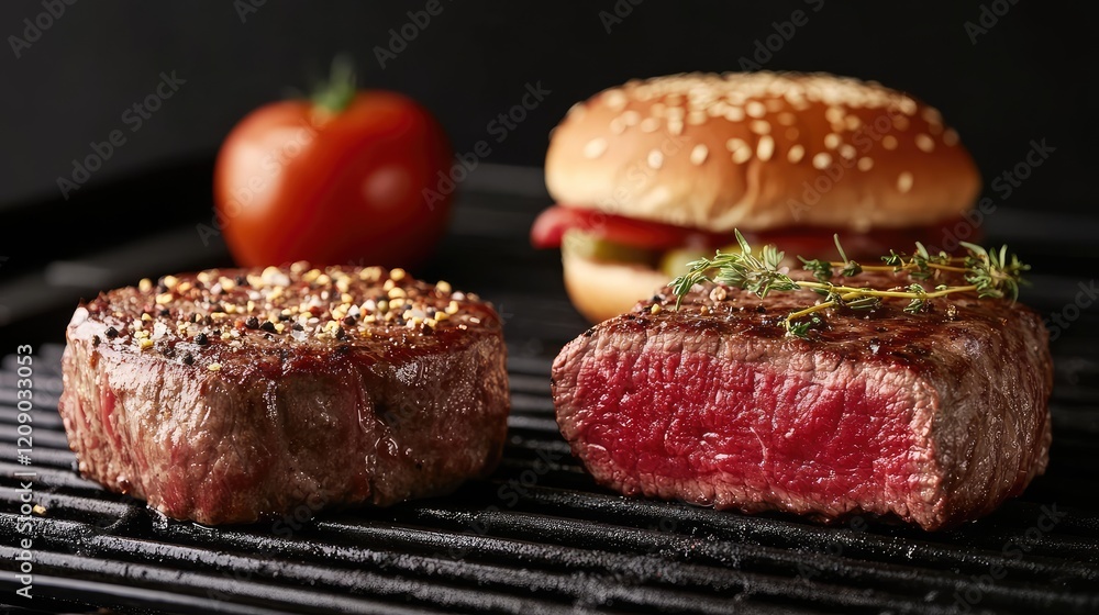 Grilled Steaks and Hamburger Patty on Barbecue with Seasoning, Tomato, and Sesame Seed Bun Grilled Steaks and Hamburger Patty on Barbecue with Seasoning, Tomato, and Sesame Seed Bun