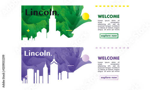 Lincoln city horizon profile banner, placard, header, footer. UK, England town downtown vector website page layout with panoramic front view