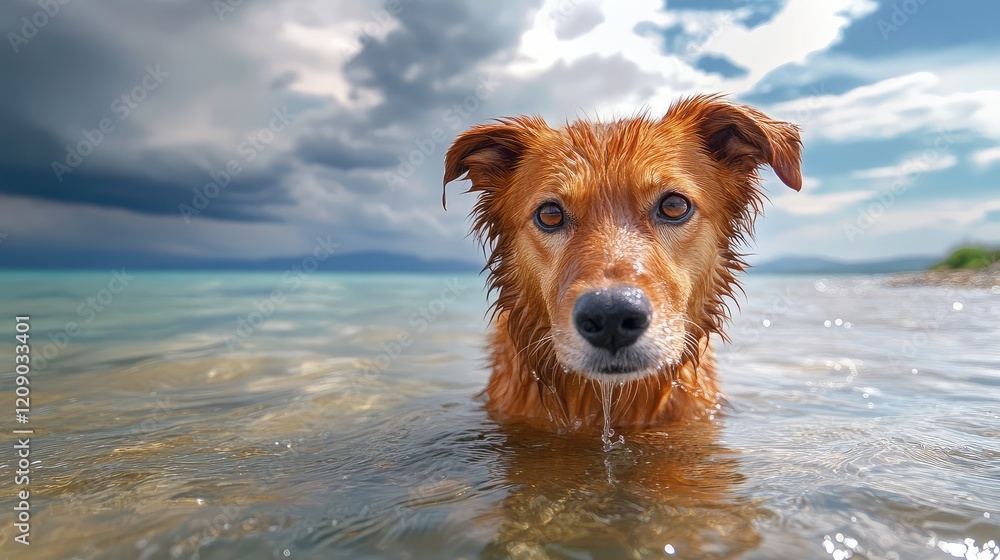 Wet brown dog portrait in tranquil shallow water with dramatic sea view under cloudy blue sky, capturing pet's joyful expression in nature. Wet brown dog portrait in tranquil shallow water with dramatic sea view under cloudy blue sky, capturing pet's joyful expression in nature.