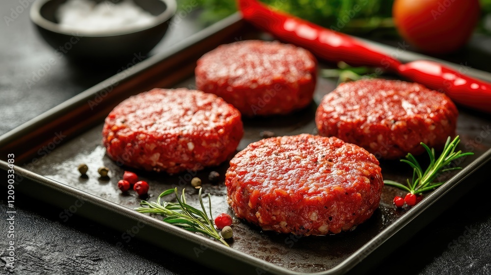Raw vegan burger patties made from plant ingredients on a baking sheet with fresh herbs and spices ready for cooking on a dark table. Raw vegan burger patties made from plant ingredients on a baking sheet with fresh herbs and spices ready for cooking on a dark table.