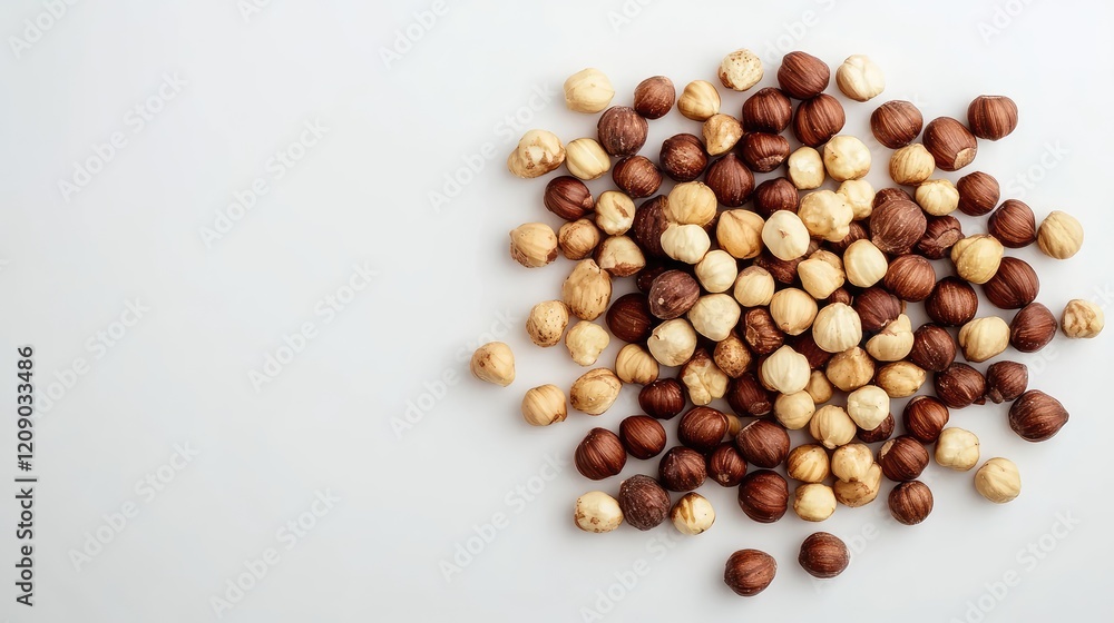 Mixed Hazelnuts in Various Shades on a Light Background Arranged in an Overhead View Mixed Hazelnuts in Various Shades on a Light Background Arranged in an Overhead View