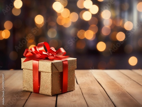 Wallpaper Mural Gift Box with Red Ribbon on a Wooden Table with Christmas Tree in Background Torontodigital.ca