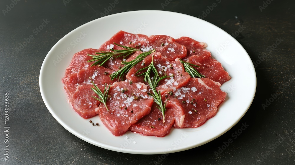 Fresh raw beef sirloin garnished with rosemary and smoked salt arranged on a white plate against a dark textured background, flatlay top view elegant presentation Fresh raw beef sirloin garnished with rosemary and smoked salt arranged on a white plate against a dark textured background, flatlay top view elegant presentation