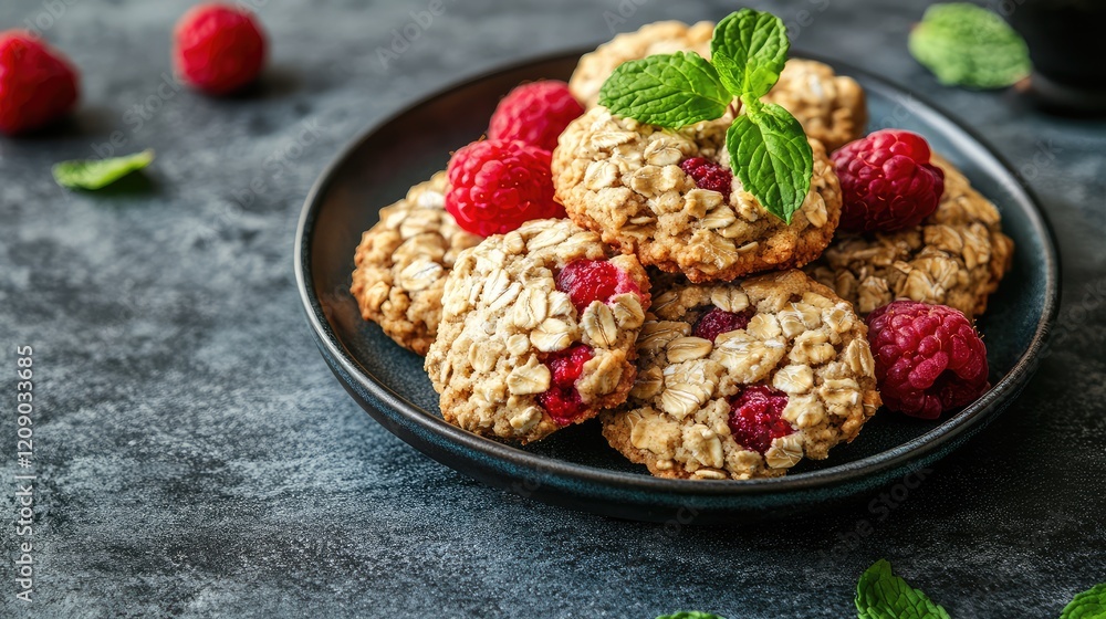 Fototapeta premium Raspberry Vanilla Oatmeal Cookies on Dark Stone Plate Decorated with Fresh Mint and Raspberries Healthy Snack Home Baking Concept with Colorful Presentation