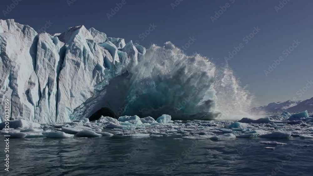 Imposing glacier cliff face with icy water and distant mountains. Imposing glacier cliff face with icy water and distant mountains.