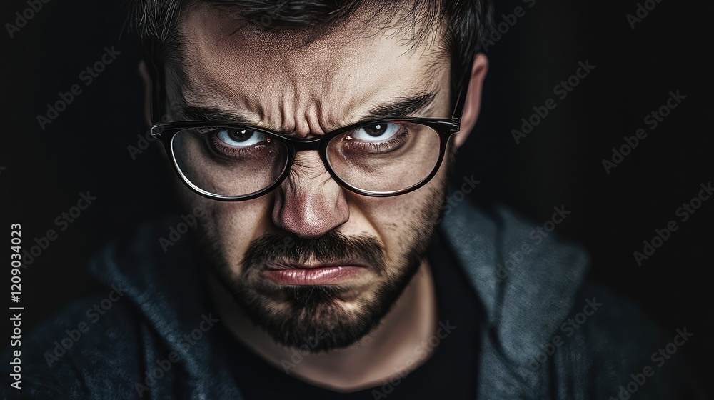 Close-up photograph of a frustrated male wearing glasses, with intense facial expressions and low lighting highlighting facial details. Close-up photograph of a frustrated male wearing glasses, with intense facial expressions and low lighting highlighting facial details.