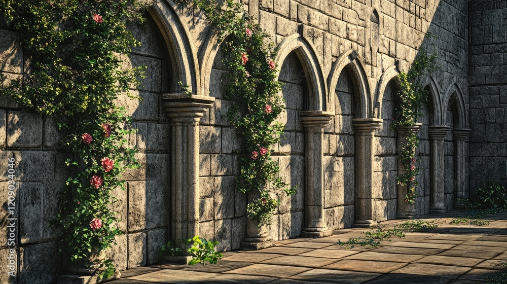 Elegant stone wall featuring arches adorned with blooming flowers and narrow windows, capturing a blend of sophistication and beauty. Elegant stone wall featuring arches adorned with blooming flowers and narrow windows, capturing a blend of sophistication and beauty.