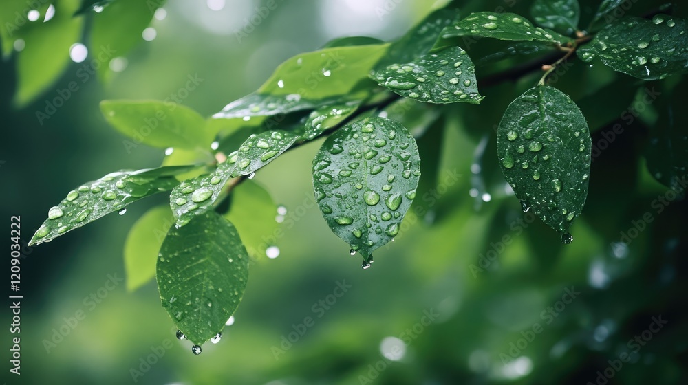 Rain Drops on Lush Green Tree Leaves in Tranquil Nature Setting with Soft Focus Background Rain Drops on Lush Green Tree Leaves in Tranquil Nature Setting with Soft Focus Background